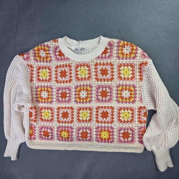 Zara Sweater Womens S Crochet Pink Orange Knit Granny Square Boho Retro Pullover - Picture 1 of 9